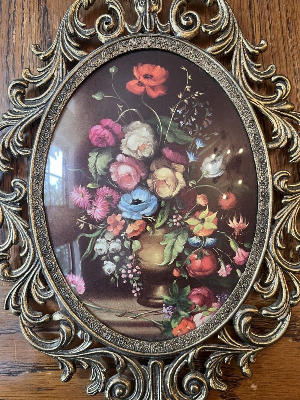 Vintage Florentine Ornate Oval Floral Wall Art With Cast Metal Frame & Convex Gl